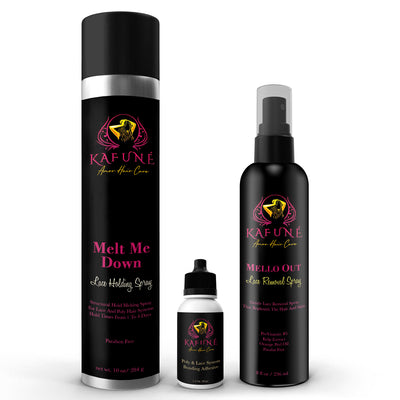Combined with the Mello Out Removal spray for an easy removal process.  This listing included  the Melt Me Down Spray  10 oz along with the 8 oz removal spray and a waterproof lace wig adhesive. This if for individuals looking for a waterproof hold on your lace wig.   The Best Lace Wig Trio on The Market!