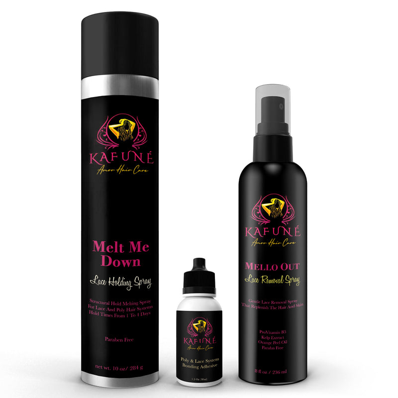 Combined with the Mello Out Removal spray for an easy removal process.  This listing included  the Melt Me Down Spray  10 oz along with the 8 oz removal spray and a waterproof lace wig adhesive. This if for individuals looking for a waterproof hold on your lace wig.   The Best Lace Wig Trio on The Market!