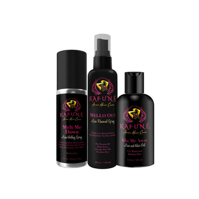 This Glueless Trio allows you to get a daily hold on your lace wig using NO GLUE!  This trio is the power pack trio that will give you a nice secure hold on your lace wig for the daily wig wearers.  This small size trio is great for traveling. 