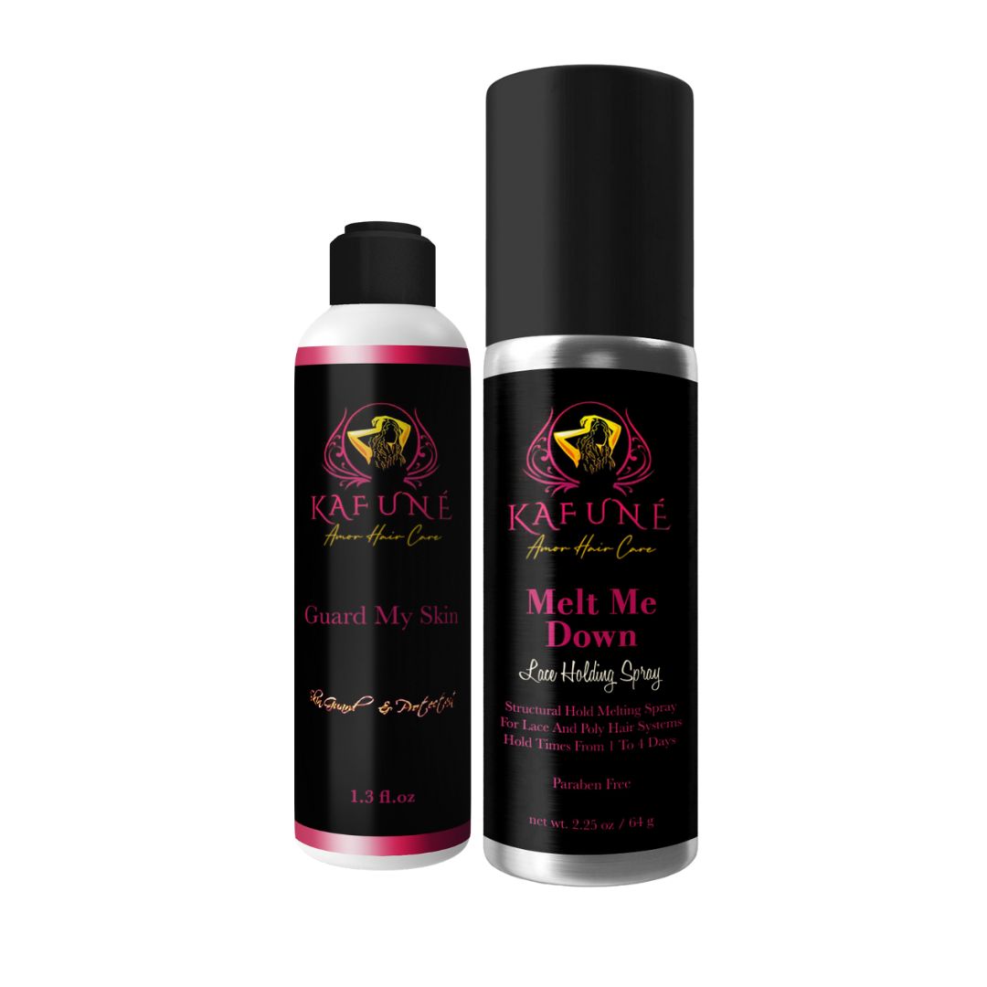 Guard My Skin acts as a preventative barrier that keeps your skin from being irritated by adhesives, tapes, and other products you use during your install to keep your skin. Our Melt Me Down Spray gives you a long-lasting yet comfortable hold, so you can have total confidence that your wig will stay perfectly in place all day while you’re out and about