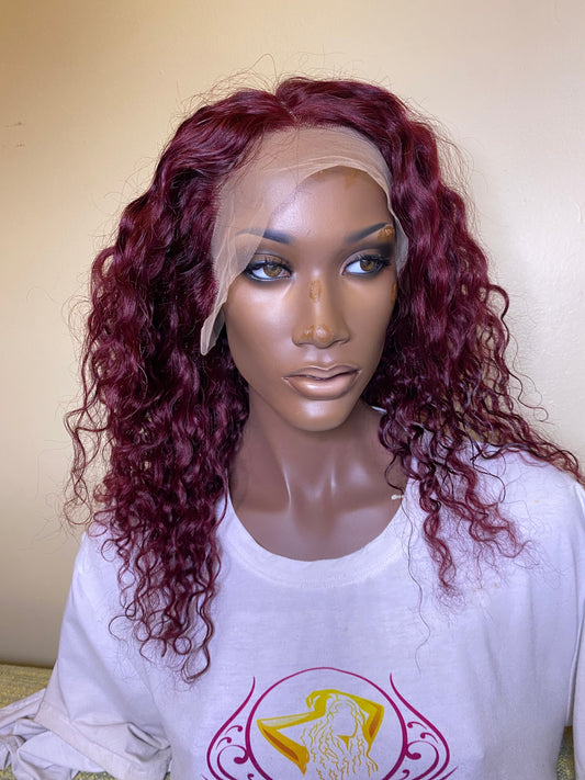 16" 13*4 Mina (Custom Plum Color) Deep Wave Transparent Lace Front Wig 150% Density Deep Wave Hair Texture