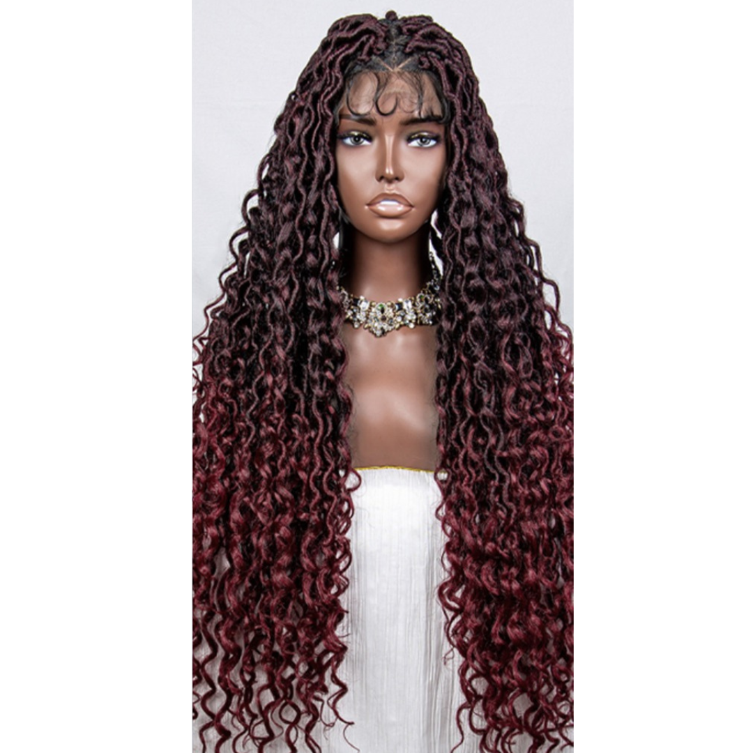 Koffee Full (Burgundy Color) Synthetic Faux Loc Wavy Braid Lace Wig