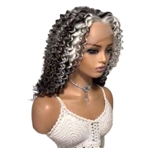 16" 13*4 Mila (Grey Highlighted Hair Color) Deep Wave Transparent Lace Front Wig 200% Density Deep Wave Hair Texture