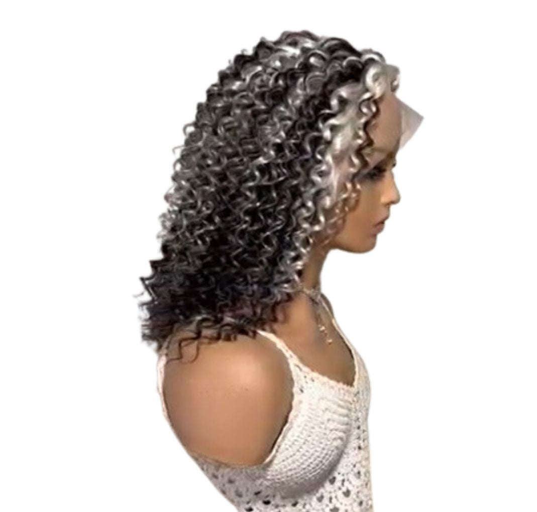 16" 13*4 Mila (Grey Highlighted Hair Color) Deep Wave Transparent Lace Front Wig 200% Density Deep Wave Hair Texture