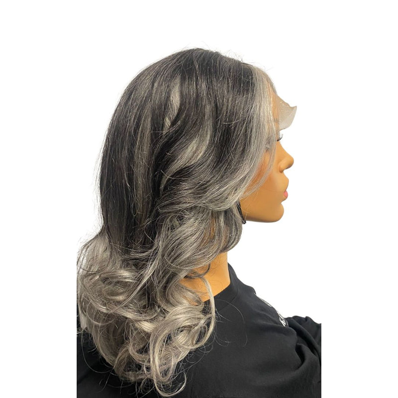 16" 13*4  Nancy Straight (Grey Front Black Back Highlighted and Grey Tip)  Lace Front Wig 150% Density Straight Hair Texture - Kafuné hair (Growing Upscale Hair LLC)