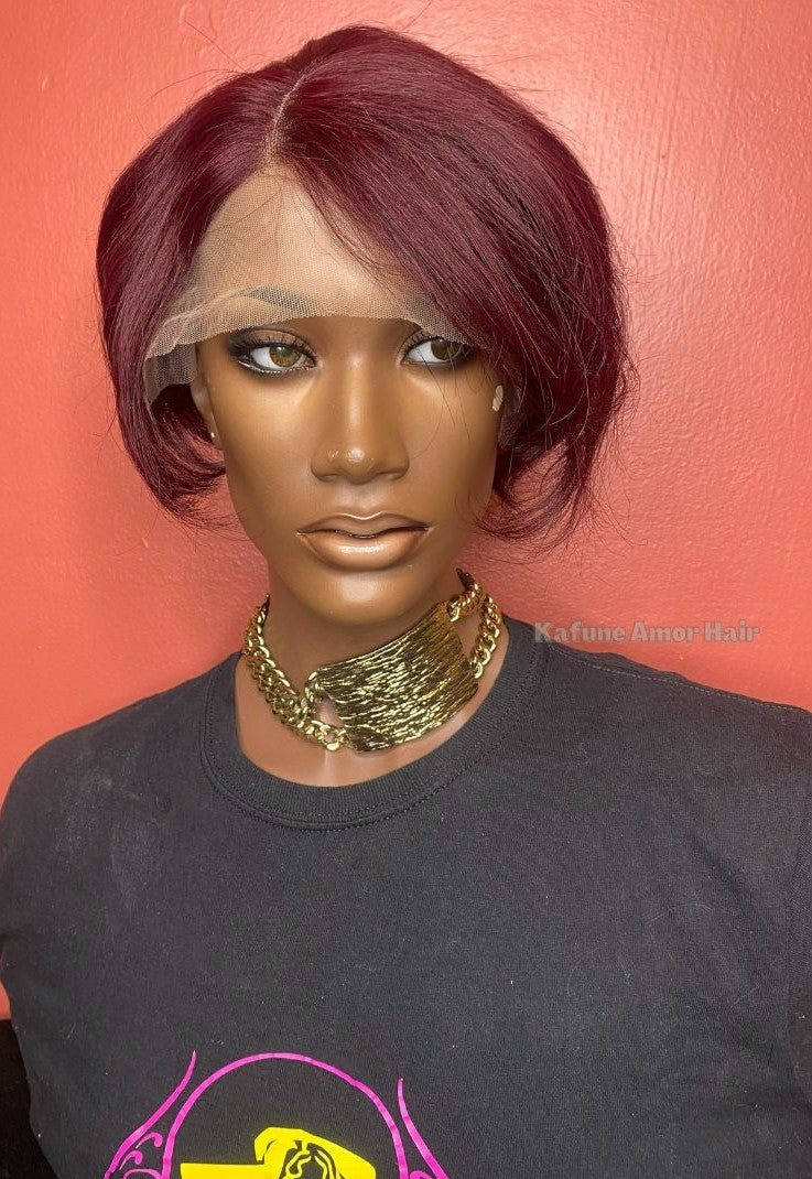 8" 99J Pixie Styled Straight Lace Front wig - Kafuné hair (Growing Upscale Hair LLC)