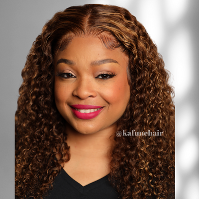 Custom Color Medium brown with high lights Deep Curly Lace Front Wig - Kafuné hair (Growing Upscale Hair LLC)