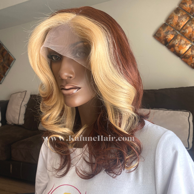 18" Layered Cut Lace Front Wig Medium Brown Back Blonde in the Front - Kafuné hair (Growing Upscale Hair LLC)