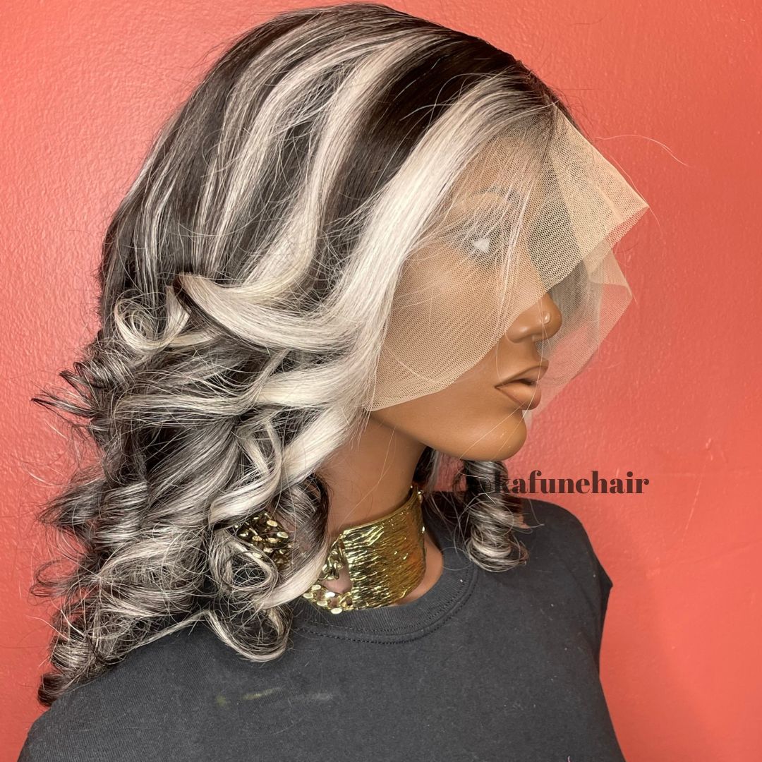 16" 13*4  Cynthia Straight (Grey Front Black Back Highlighted)  Lace Front Wig 180% Density Straight Hair Texture - Kafuné hair (Growing Upscale Hair LLC)