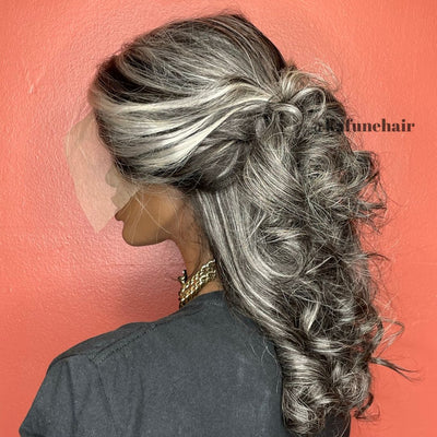 16" 13*4  Cynthia Straight (Grey Front Black Back Highlighted)  Lace Front Wig 180% Density Straight Hair Texture - Kafuné hair (Growing Upscale Hair LLC)