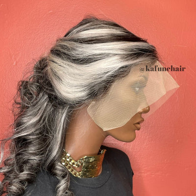 16" 13*4  Cynthia Straight (Grey Front Black Back Highlighted)  Lace Front Wig 180% Density Straight Hair Texture - Kafuné hair (Growing Upscale Hair LLC)