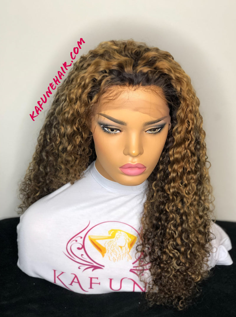 Custom Color 22" heavy density brown with high lights Deep Curly Lace Front Wig - Kafuné hair (Growing Upscale Hair LLC)