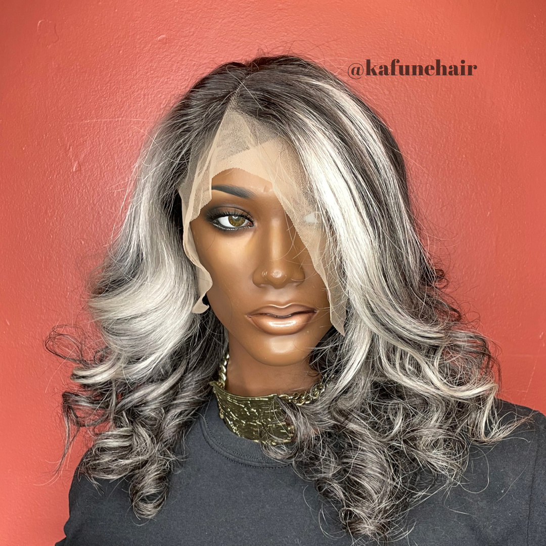 16" 13*4  Cynthia Straight (Grey Front Black Back Highlighted)  Lace Front Wig 180% Density Straight Hair Texture - Kafuné hair (Growing Upscale Hair LLC)