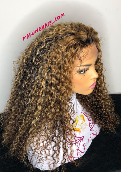 Custom Color 22" heavy density brown with high lights Deep Curly Lace Front Wig - Kafuné hair (Growing Upscale Hair LLC)