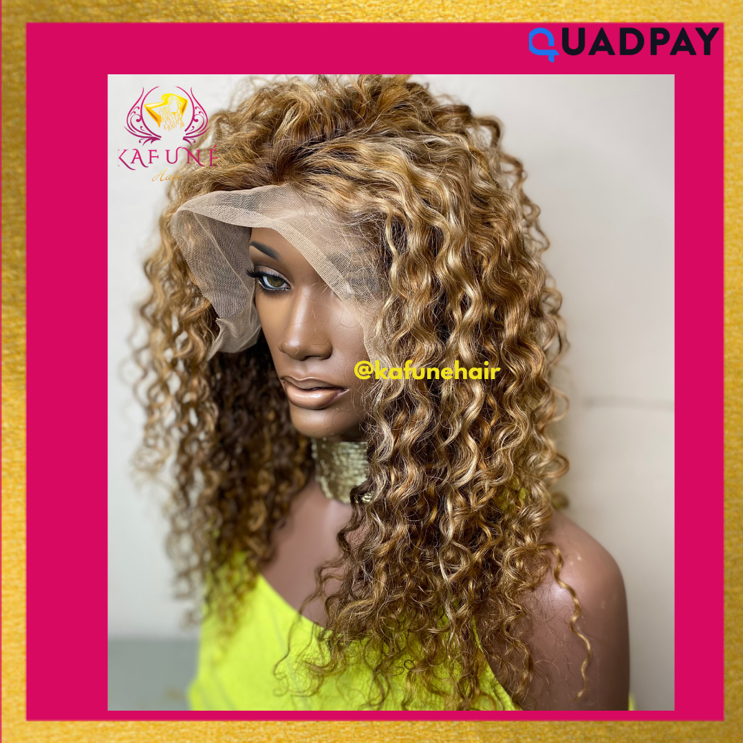 18" Custom Color Medium brown with pale high lights Deep Curly Lace Front Wig - Kafuné hair (Growing Upscale Hair LLC)